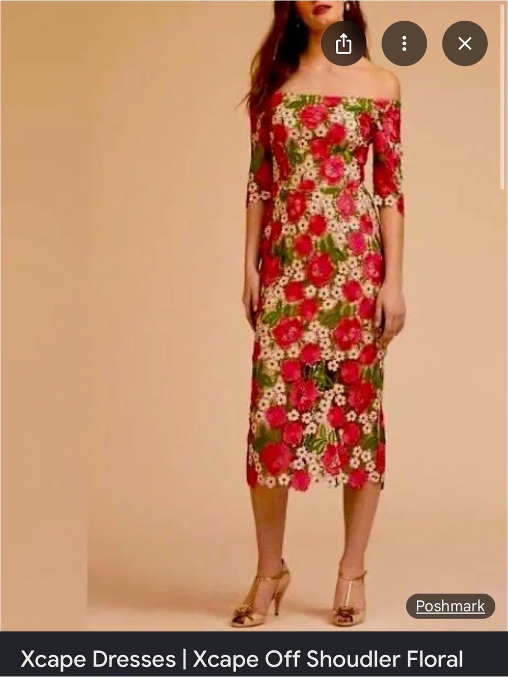 Xscape Off-Shoulder Floral Midi Dress in Red and Green